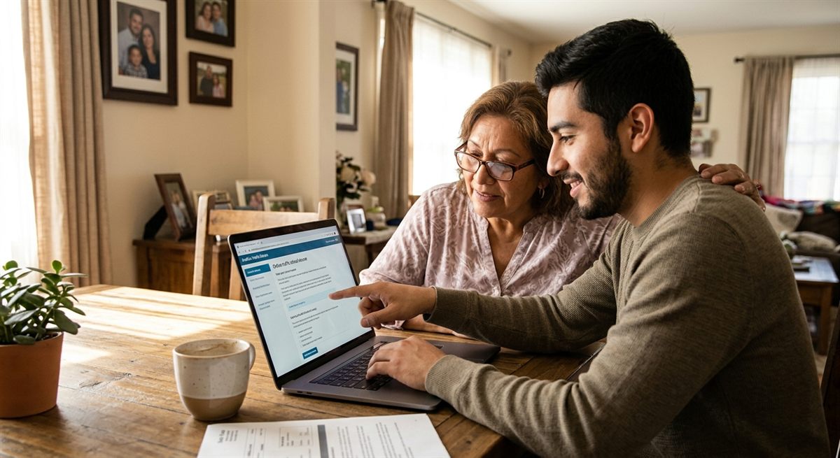 A young man and his mother go through the course together on a laptop at the family dining table.