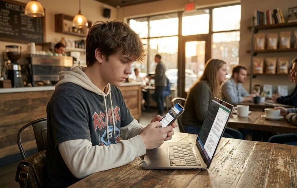 Un joven toma el curso en su teléfono en un café, con su computadora portátil abierta en la mesa.